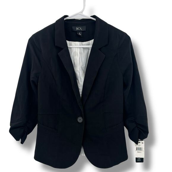 NEW BCX Black Blazer Size Small Button Front Classic Career Office Ruched Sleeve - Picture 1 of 6